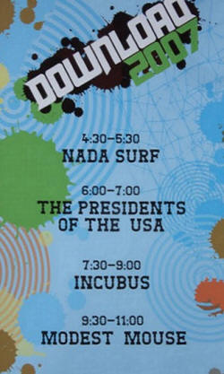 2007 Download festival show poster -Presidents Of USA / PUSA with Incubus, Modest Mouse, Nada Surf